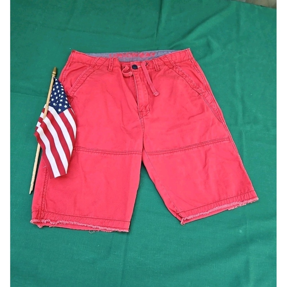 UNIONBAY Shorts Drawstring Flat Front Chino Faded Red Raw Hem‎ Size 34 EXCELLENT
